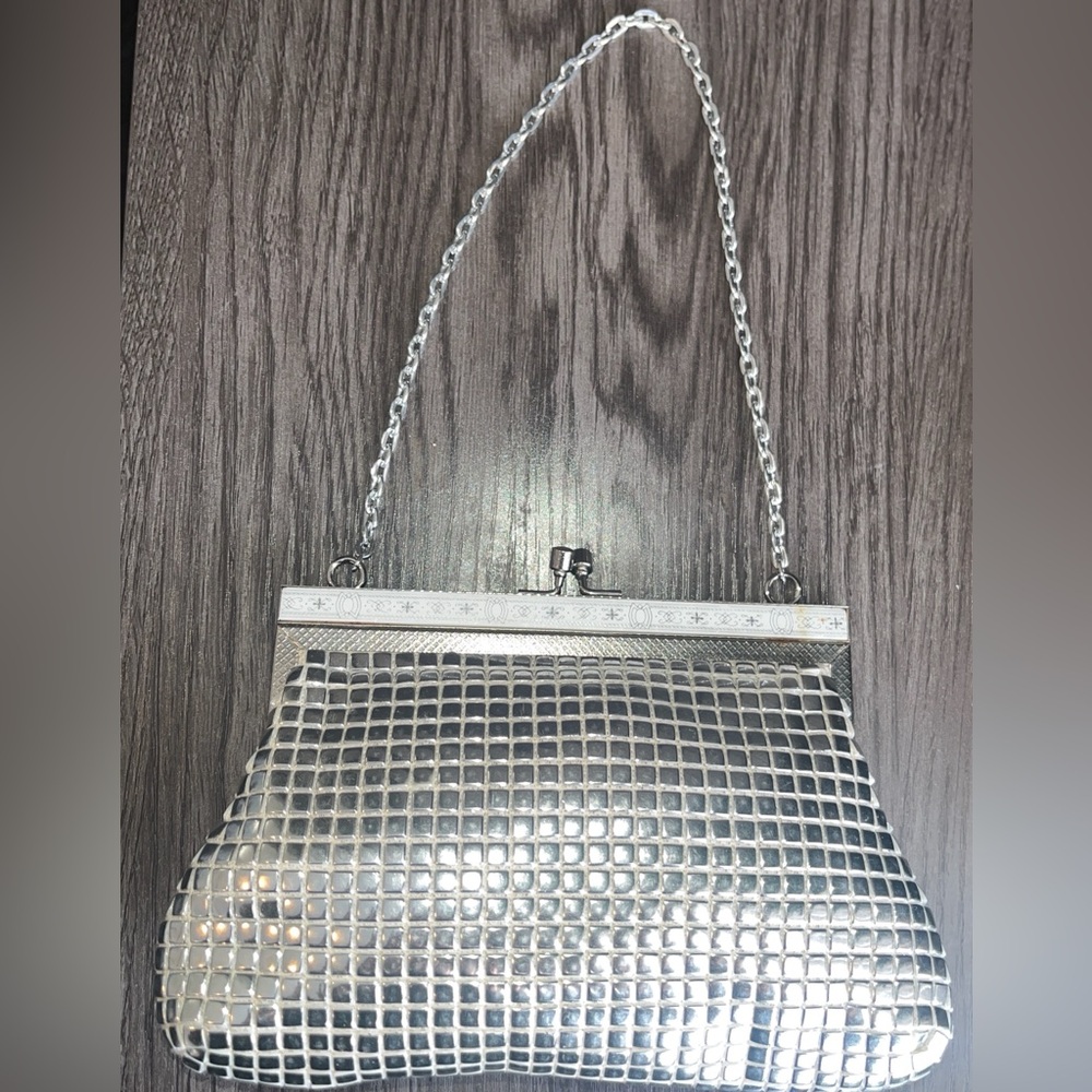Vintage Silver Mirror Tile Clutch Evening Bag | Enamel Frame Kiss Lock Y2K Glam